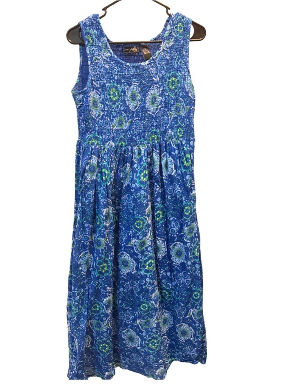 Vintage Jane Ashley 100% Cotton Blue and Green Floral Dress
